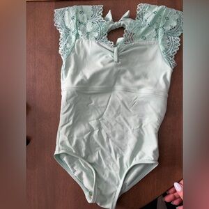 Charming Mint Lace-Trimmed girls dance leotard